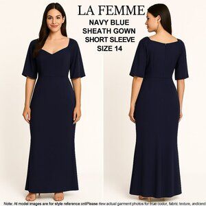 La Femme Navy Blue Sheath Gown Short Sleeve Size 14